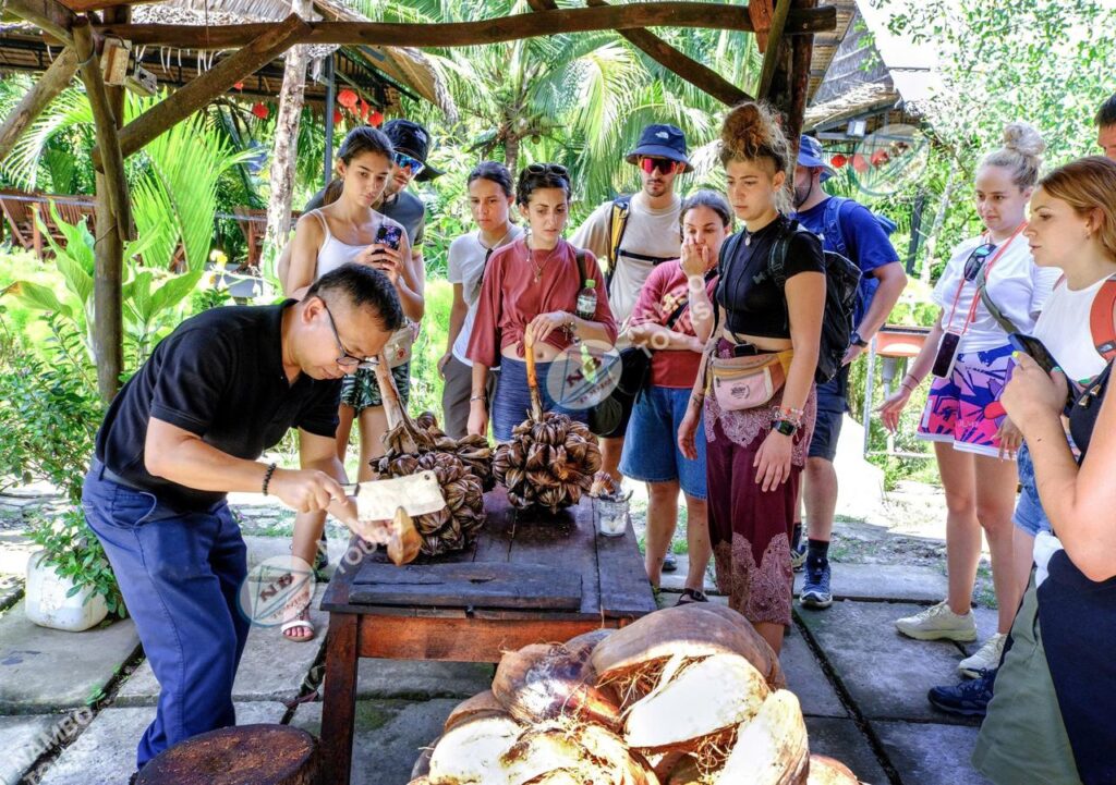 Guests watching coconuts being opened at a coconut workshop in Ben Tre