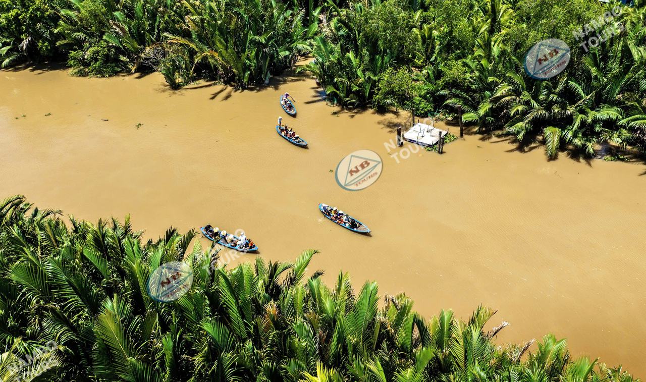 Aerial view of sampans on a water-coconut canal on a Mekong Delta day trip in Ben Tre